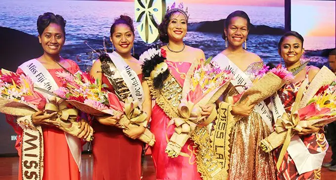 From left: Fourth runner up Miss Nadi, Kirisitiana Uluwai,  third runner up Miss Ovalau, Samantha Whippy, newly crowned Miss Fiji, Miss Suva, Jessica Fong, first runner up Miss Labasa, Aliti Kautoga and second runner up  Miss Lautoka, Cystal Kapoor, after the crowning on November 15, 2019. Photo: Kelera Sovasiga