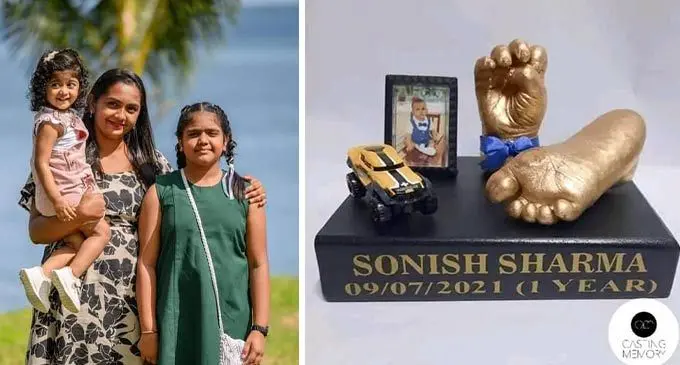 Casting Memory managing director (middle), Sheenal Narayan with her two daughters and An example of casting memory handicraft.