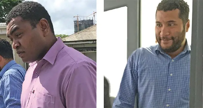 Ratu Selema Steven Dennis Tikoenaburevere (left) and Kelepi Duri Tautaumacala Kolinisau (in blue shirt) outside High Court in Suva. Photo: Ashna Kumar