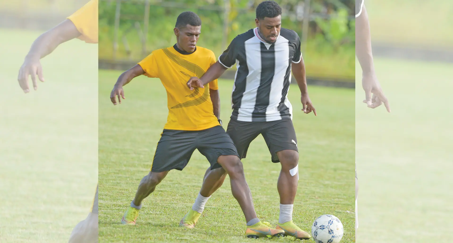 Suva’s Isefo Verevou (right) with a Police player during a friendly match at Fiji FA ground on December 2,2020. Photo: Ronald Kumar