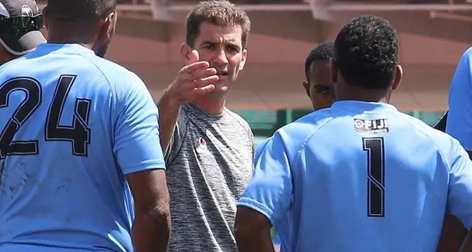 Fiji Airways Fijian 7s head coach Gareth Baber works with the players during the HSBC World Sevens Series. Baber’s contract ends in December biut the Fiji Rugby Union is going to look into it since the Olympic Games is moved to 2021. Photo: South China Morning Post.