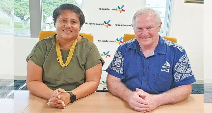 From left: Fiji Sports Council chief executive officer Litiana Loabuka and Fijian Drua chief executive officer Brian Thorburn in Suva on March 18, 2022. Photo: Fiji Sports Council.