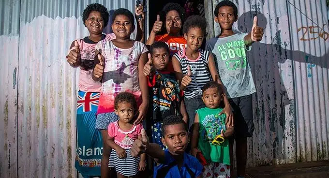 Family members {from left) Marica Kamai, 36, (mother), Nanise Kamai, 11, Iliesa Koma, 8, {back) Marica Vosanaua, 38, Naomi Cakacaka, 12, Nemani Tikoilevuka, {bottom from left) Abigail Leba, 2, Sireli Tawake, 8, and Iliesa Vusona, 3, at their home in Nanuku Settlement, Vatuwaqa, Suva, on Januar y 10, 2023. Photo: Leon Lord
