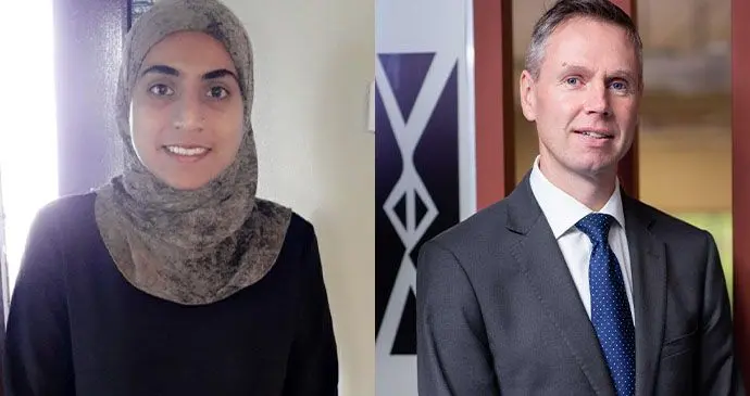Shazna Begum, a recipient of the FNU Student Bursary Scheme(left) and FNU Vice-Chancellor Professor Toby Wilkinson.