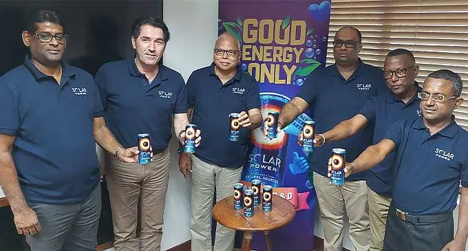 From left: Punjas group west sales manager, Adi Narayan, business development manager, Alex Weiss, group marketing manager, Gopal Jadhav, group chief financial officer, Navin Prasad, general manager operations, Patrick Kumar and group purchasing manager, Avneet Kumar following the launch of the Solar Power Energy Drink at the Punjas head office in Lautoka on September 29, 2022. Photo: Nicolette Chambers 
