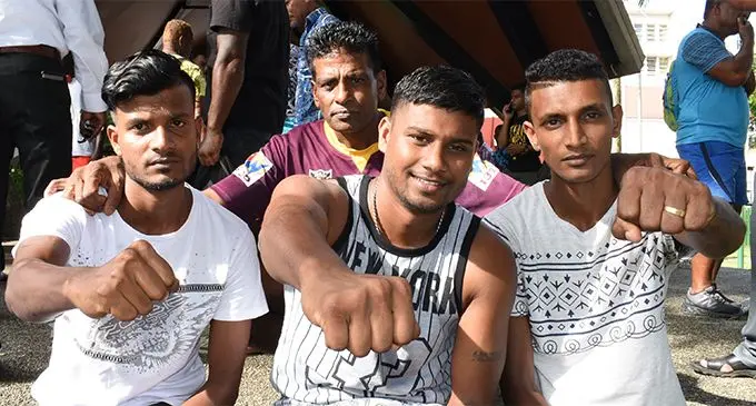 Boxing brothers (left to right) Sachin, Krishna and Krishneel with the dad Arun Mudaliar (back) at Ratu Sukuna Park, Suva on February 16, 2018. Photo: Ronald Kumar