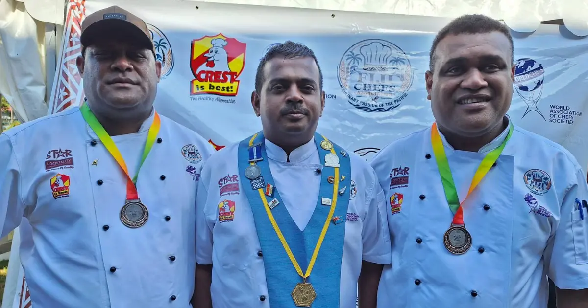 From left: Kelepi Lalawailevu of Palm Cove Villas, Fiji Chefs Association President Rakesh Kumar and Laucala Island pastry chef Warren Mave. 