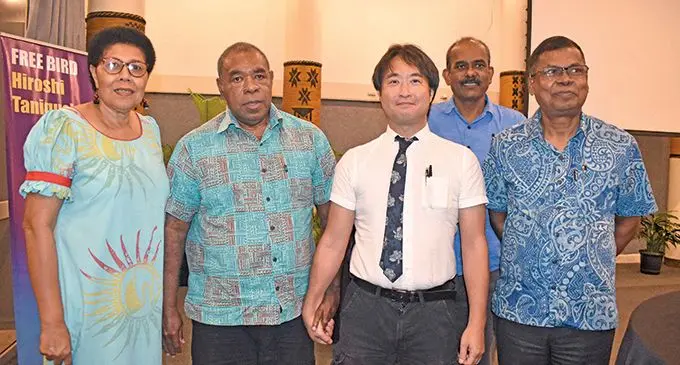 From left: Mereseini Baleilevuka, Aisake Naulu Baleilevuka, Hiroshi Taniguchi, Sunil Kumar and Professor Biman Prasad at the Tanoa International Hotel in Nadi.  Photo: Mereleki Nai