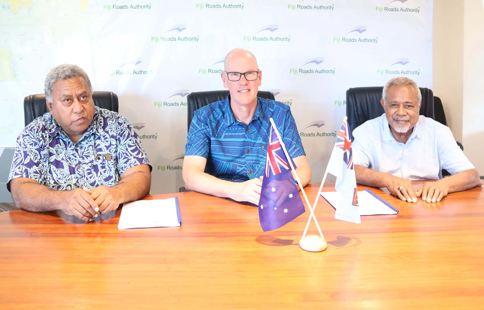(From L-R): FRA Chief Executive Officer Mr. Apisai Ketenilagi, NTRO’s Executive Director and leader of the ‘NTRO-Pacific’ team, Mr. Jason Sprott and FRA Board Director Mr. Niko Buke during the Road Network Advisory Program contract signing at the FRA Headquarters Level 4, FDB Building. 