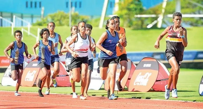 Naitasiri Secondary School’s Vilimaina Naitukinivalu (right) pulls away to win the gold medal in the Triple N Zone’s Open girls 3000m final at the ANZ Stadium, Suva on March 11, 2021. Taking the silver medal was Nanise Vakacegu of Adi Cakobau School while Sila Central’s Paulini Latileta settled for the bronze medal. Photo: Ronald Kumar