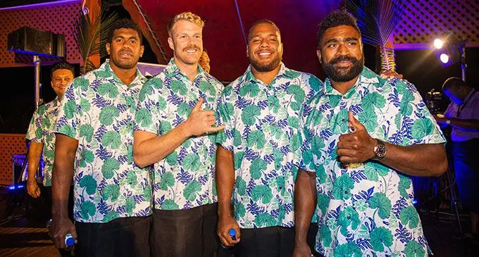 Swire Shipping Fijian Drua players during the team’s official welcome at the Fiji Museum in Suva on April 25, 2022. From left: Kalione Nasoko, Baden Kerr, Tevita Ikanivere and Onisi Ratave. Photo: Leon Lord