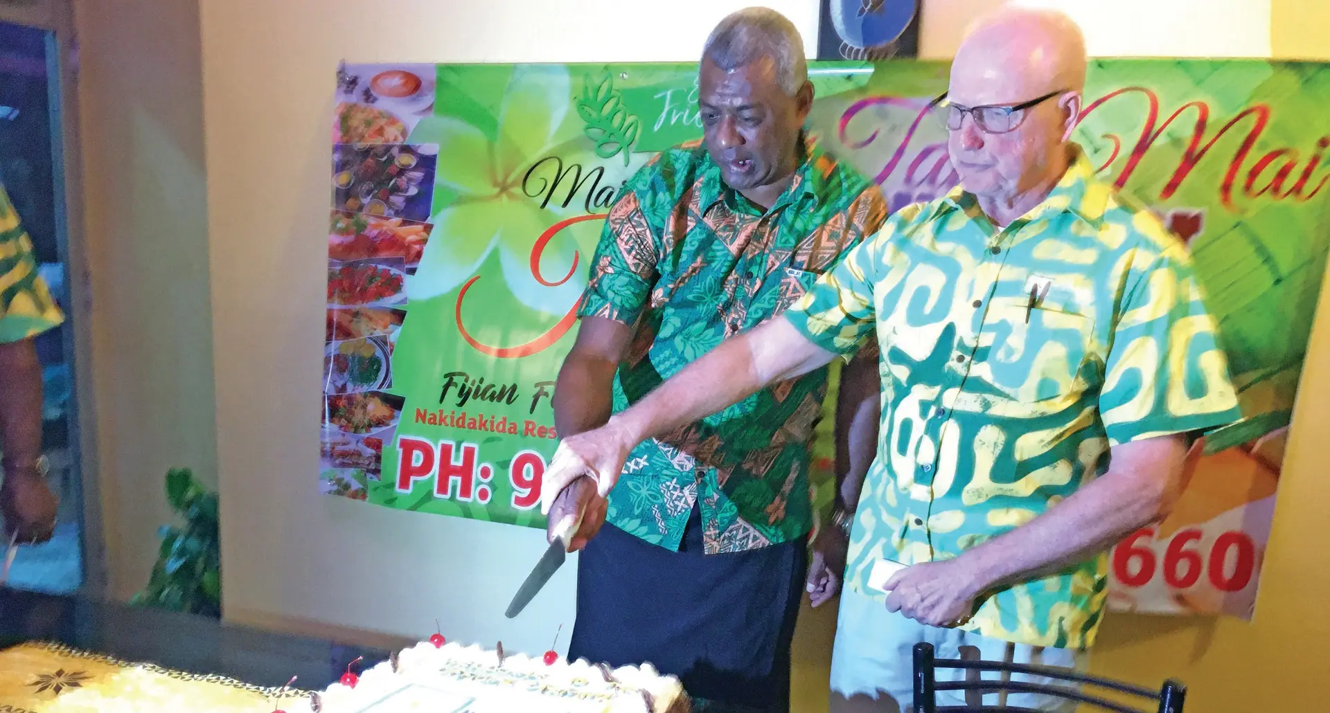 From left: Opposition Member of Parliament Pio Tikoduadua and Reverend Bruce Yates during the opening of the Mai Kana restaurant and Mai Kava bar on 590 Ratu Sukuna Road, Nabua, on September 11, 2020.  Photo: Frederica Elbourne