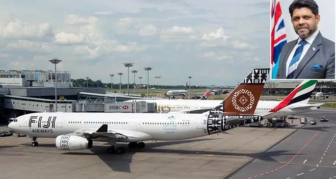 Fiji Airways A330-200. inset: Aiyaz Sayed-Khaiyum
