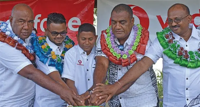 From left; Setareki Merekula (President Fiji Secondary Schools Rugby Union), Sale Sorovaki (Fiji Rugby Union development Manager), Savnish Kumar ( Vodafone Labasa Branch Manager) Kamlesh Chand (Divisional Station Officer Northern, Shanil Dutt (Labasa Muslim principal). on June 22,2019. Photo: Laisa Lui