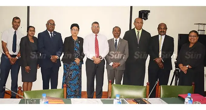 From left: From the Reserve Bank of Fiji - Shanil Totaram and Rajni Singh, Standing Committee on Economic Affairs members Sachida Nand, Veena Bhatnagar, RBF Governor Ariff Ali, Committee Chair Vijay Nath, members Ro Filipe Tuisawau, Inosi Kuridrani and Vilmaina Dakai of RBF after submissions to Standing Committee on Economic Affairs at Parliament complex on April 19, 2022. Photo: Ronald Kumar