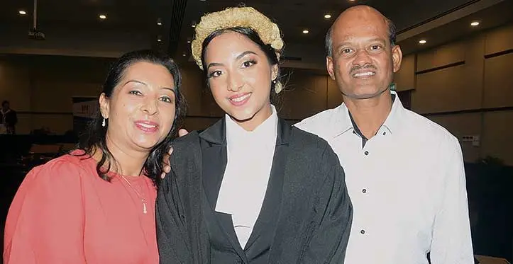 Parents Mohammed Naim and Sakikat Khan with daughter Saminah Khan following her Admission to Bar on May 4, 2023. Photo: Ronald Kumar