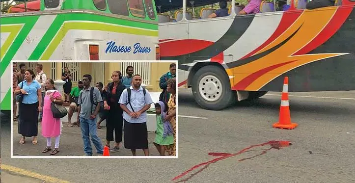The accident scene at the Stinson Parade in Suva on October 26, 2023. Inset: Members of the public stand in shock after witnessing the accident. Photos: Beranadeta Nagatalevu