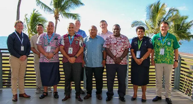 Members of the Executive Leaders team (L-R) Executive Director of Pacific Islands Chiefs of Police (PICP) Superintendent of Police New Zealand Nicholas Brown, Guam Police  Lieutenant Rhodel Sevilla, Samoa Police, Prisons and Corrections Commissioner Filipo Logoitino, Fiji Commissioner of Police and PICP Chair Brigadier-General Sitiveni Qiliho,  Niue Chief of Police Tim Wilson, Commonwealth of Northern Mariana Islands Commissioner Robert Guerrero, New Zealand Police Commissioner Andrew Coster, Vanuatu  Police Commissioner Robson Iavro, Fiji Police Force Senior Superintendent (SSP) Bereta Naisua, and Australian Federal Police Commissioner Reece Kershaw at the Hilton Fiji  Beach Resort and Spa in Nadi on August 23, 2022. Photo: Fiji Police Force