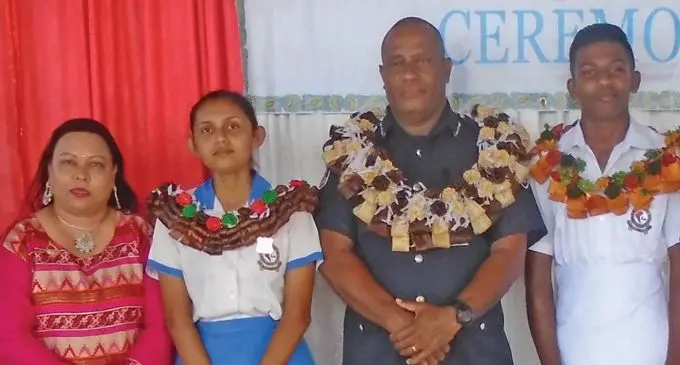 From left: Head girl Payal Pooja Roy, chief guest Lepani Liga, the Divisional manager for Community Policing West and head boy Hritika Chandar