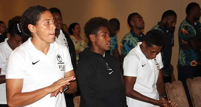 Fijiana 7s players (from left) Talei Wilson, Lavena Cavuru and Reapi Ulunisau welcomed by the Fijian community in Dubai on November 29, 2022. Photo: Gabby Abariga/Gulf Fijian Media