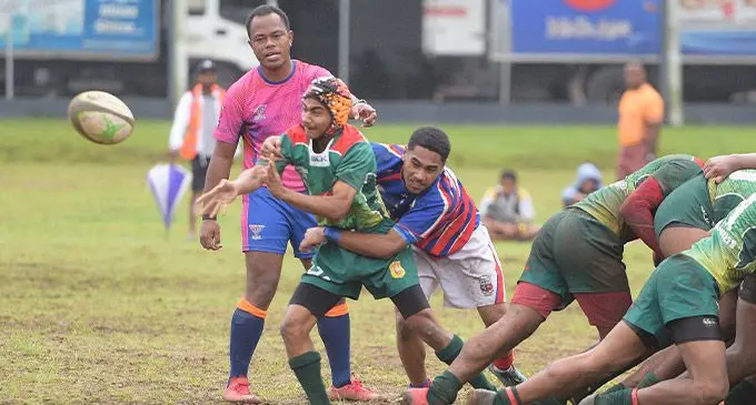 Battle of the halfbacks between Marist Brothers High School and Ratu Sukuna Memorial School in the Under-17 clash of the Southern Zone competition at Flagstaff, Suva, on June 17, 2023. Photo: Ronald Kumar  