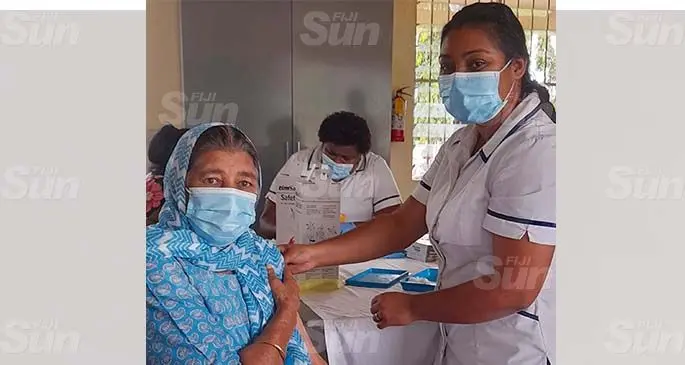 Eighty-three-year-old Anur Khan getting her COVID-19 vaccination at Nadi Muslim College on May 31, 2021. Photo: Mereleki Nai
