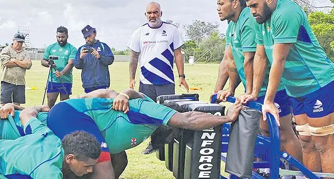 The Swire Shipping Fijian Drua tight five polishing on their scrummaging during a training session in Australia. Photo: Fijian Drua.
