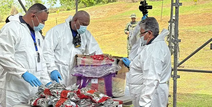 The Fiji Police Force forensics team examine the last batch of methamphetamine before it is destroyed at the Dignified Crematorium in Davuilevu on February 28, 2025. Photo: Inoke Rabonu
