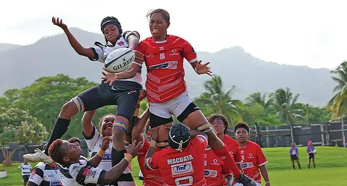 Macuata women’s lock Melissa Yabaki (right) battles for the ball against Rewa at Subrail Park, Labasa, on April 20, 2024. Photo: FRU Media