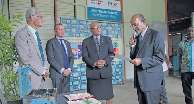 From left: Pro-Chancellor and Chair of USP Council Winston Thompson, Australian High Commissioner John Feakes, Major-General (Retired) Jioji Konusi Konrote and University of the South Pacific Vice-Chancellor and President Professor Rajesh Chandra with note left in the Time Capsule. Photo: University of the South Pacific