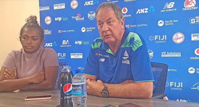 From left: Swire Shipping Fijian Drua media officer Karalaini Tara and head coach Mick Byrne during the press conference at Drua Homebase in Legalega, Nadi, on March 29, 2023. Photo: Waisea Nasokia