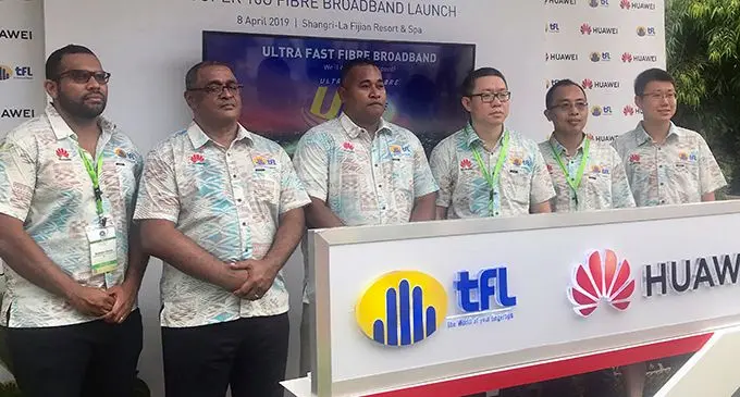 From left: Telecom Fiji Limited director Naibuka Saune, TFL general manager Sales Joseph Naua, Head of Engineering Mesake Tuinabua, President Huawei Southern Pacific, Jack Wang, Huawei Fiji chief executive officer Jump Zhang and Huawei Fiji Sales director Eago Ali. Photo: Charles Chambers