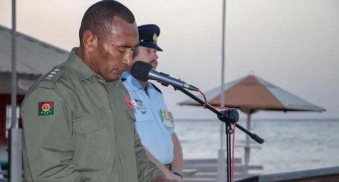 Captain Soita Uluiviti opens ANZAC Day with a prayer.  Photo: RFMF Media Cell 