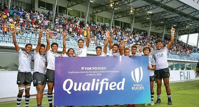 Team Fiji women’s rugby 7s team after booking their Olympic Games spot in the 2020 Oceania 7s tournament at the ANZ Stadium, Suva. Photo: World Rugby