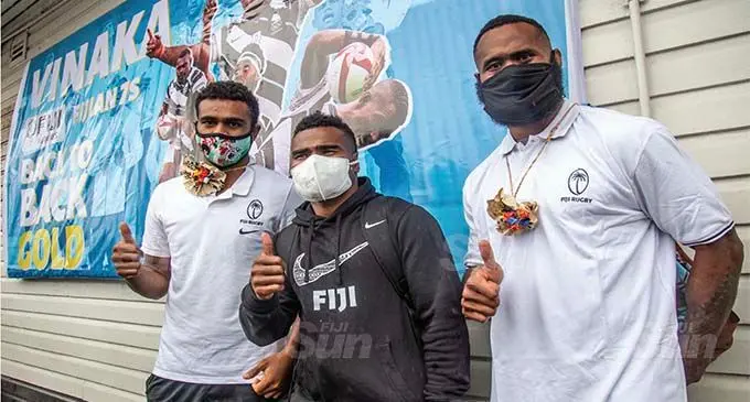 Team Fiji men's rugby sevens players (from left) Iosefo Masi, Jerry Tuwai (captain) and Semi Radradra at Rugby House in Suva on August 13, 2021. The sevens team came out of their quarantine facility and are now back at their homes after winning the Tokyo 2020 Olympic Games gold medal in Japan. Photo: Leon Lord
