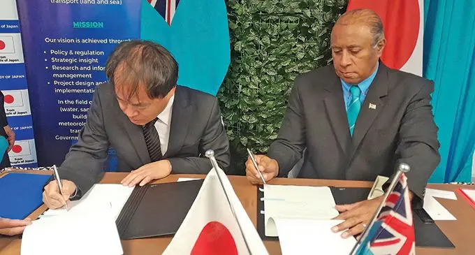 From left: Embassy of Japan’s counsellor and deputy head of mission, Tanaka Kenichiro, and Minister of Public Works, Transport, and Meteorological Services, Ro Filipe Tuisawau, on October 5, 2023..  Photo: Wati Talebula-Nuku