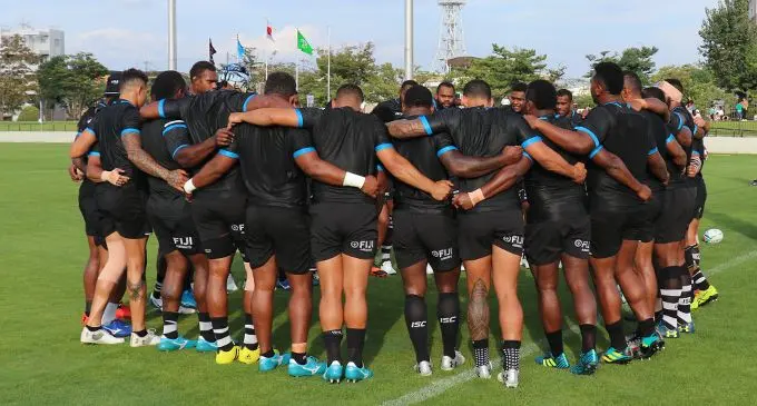 The Fiji Airways Flying Fijians during a team talk in Akita City, Japan, on September 11, 2019.  Photo: FRU Media