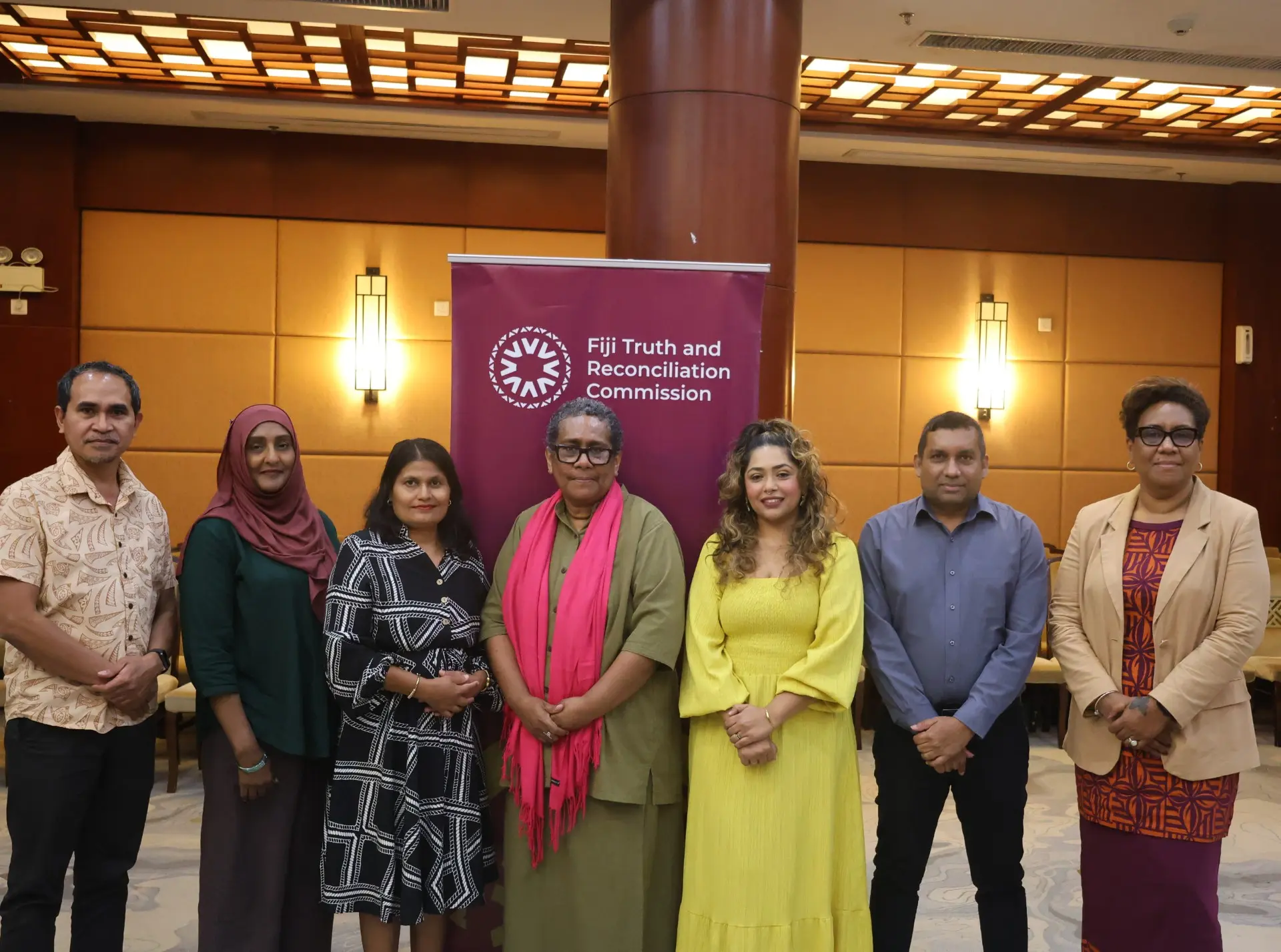 (From left) FTRC Chairperson Joaquim Da Fonseca, panellists Dr Natasha Khan, Dr Mosmi Bhim and Ms Fay Volatabu, Commissioner Rachna Nath, panellist Mr Nilesh Lal and Commissioner Ana Laqeretabua. 