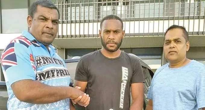 From left: South Pacific Boxing Promotions promoter Fredy Chand, Savenaca Naliva and trainer Farmaan Ali in Nadi. Photo: Waisea Nasokia.