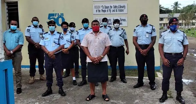 Former national rugby star Waisale Serevi with officers from the Sigatoka Police Station. Photo: Police Media Cell