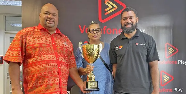 From left: Vodafone sponsorship manager Adriu Vakarau, Basketball Fiji president Olive Whippy and Basketball Fiji chief operating officer William Peters in Suva on March 10, 2025. Photo: Ioane Asioli