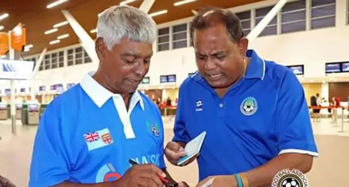Lautoka football coach Anand Sami left) and Lautoka FA president Shalend Prasad at Nadi International Airport on February 12, 2020.   Photo: Anushil Kumari