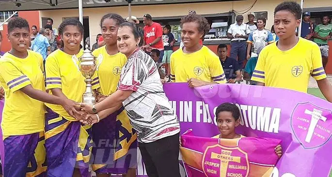 From left: Vika Bavui and other Jasper Williams High School athletes accept the overall girls winners award during the Lautoka zone at Churchill Park, Lautoka on March 7, 2020. Photo: Salote Qalubau