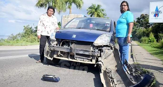 Car owner Subhag Mati (left) and passenger, Damyanti Nair after a Fiji Correction Servicers truck crushed into her car and drove off in Lami on August 11, 2020. Photo: Ronald Kumar.