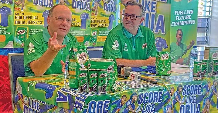 Swire Shipping Fijian Drua chief executive officer Mark Evans (left) and Nestle Fiji general manager Tim Inkster at the Albert Park conference room on February 22, 2023. Photo: Kelera Sovasiga-Tuisawau