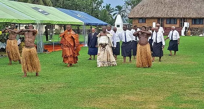 Tui Sabeto Ratu Viliame Mataitoga (from left) is escorted by village elders. Photo: Waisea Nasokia