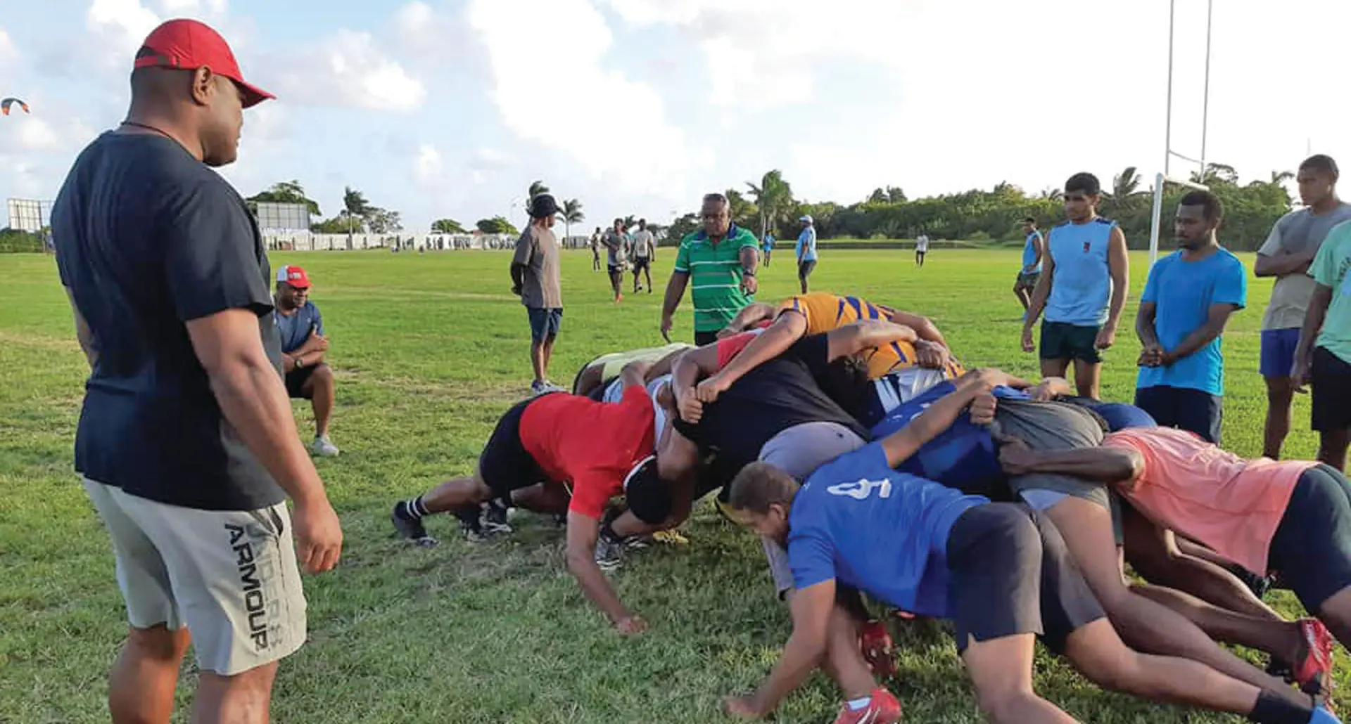 Suva Under-19 rugby team working on their scrum with Fiji Rugby’s elite pathway programme manager Bi;ll Gadolo while Suva U19 assistant coach Dale Tonwai looks on. The Suva U19 side take on Nadroga in tomorrow’s Skipper Cup semi-final. Photo: SRU Media 
