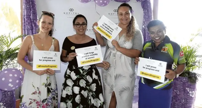 Nadi businesswoman Shabreen Nisha (second from left) with friends during the International Women’s Day morning tea party at the Sofitel Fiji Resort and Spa on Thursday,  