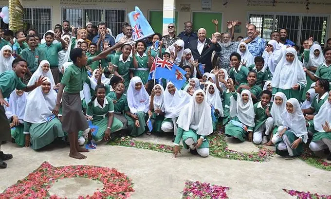 PM with officials and the Nadi Muslim Primary School student. Photo: Mereleki Nai