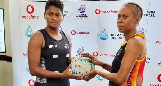 From left: Fijian Pearls captain Alisi Naqiri with her Papua New Guinea Pepes counterpart Kiala Owens at the Vodafone Arena in Suva on July 18, 2022. They play today at 5.30pm in the opening round of the Vodafone Oceania Netball World Cup Qualifiers. Photo: Vodafone Fiji